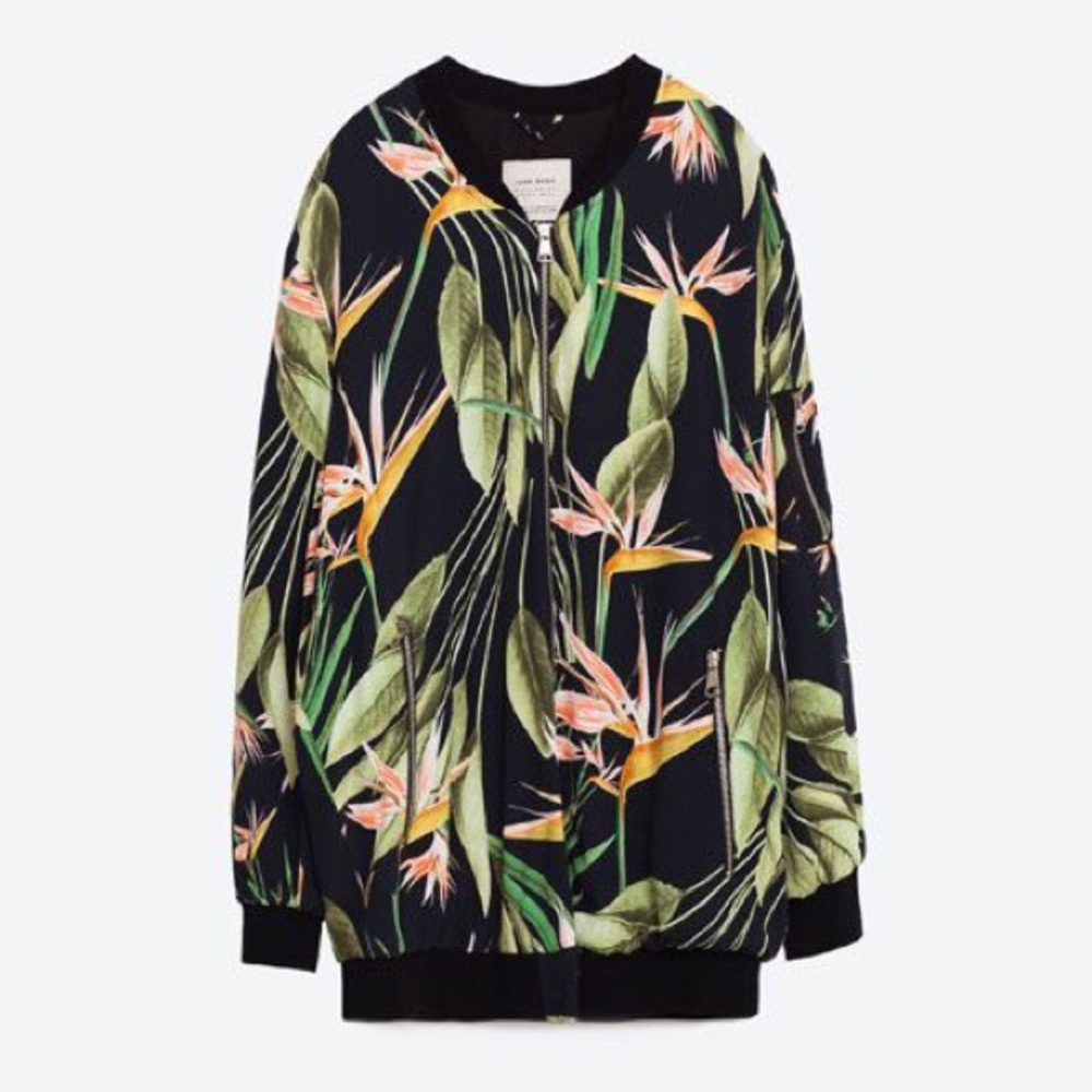 ZARA OVERSIZED TROPICAL PALM PRINT BOMBER JACKET
